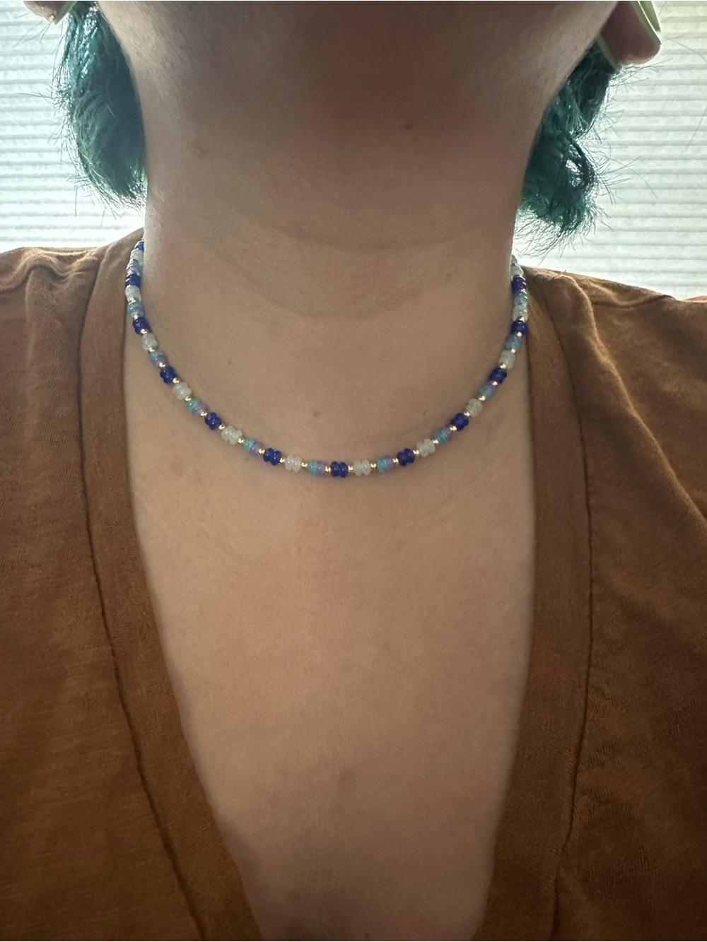Handmade Blue and Clear Beaded Choker Necklace